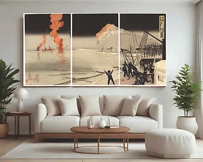 Kiyochika A Great Victory Japanese Bedroom Wall Art Triptych Set Poster Canvas • $251.33