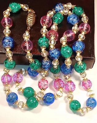 Vtg Italian Venetian Murano  Blue Green Sommerso Pink Art Glass Bead Necklace • $95