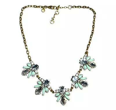 J. CREW Statement Necklace Mint Rhinestone Matte Gold Tone Art Deco Rolo Chain • $11.21