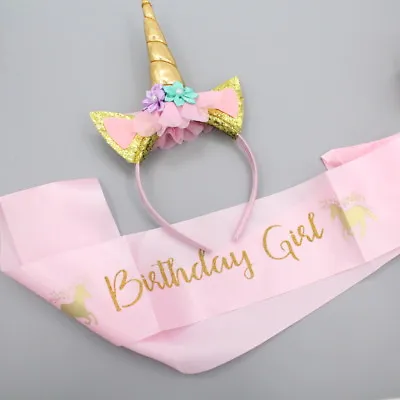 $9.95 • Buy 2pcs Unicorn Birthday Girl Stain Sash And Unicorn Horn Headband Set Pink