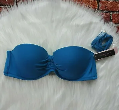 New Victoria's Secret Malta Bandeau Bikini Swim Top Wear Cosmo Blue Swimwear 32B • $24.98