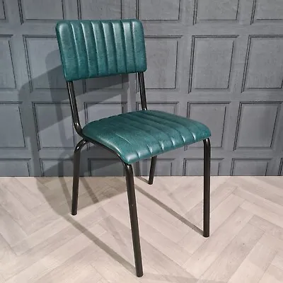 Vintage Industrial Dining Chairs Teal Leather Look Ribbed Metal Stackable Cafe • £89