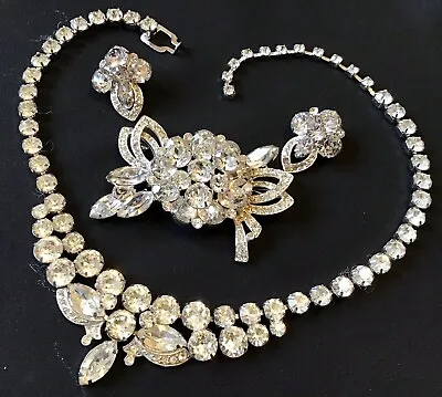 Vintage Eisenberg Signed Clear Rhinestone Necklace Brooch And Earrings E22 • $175