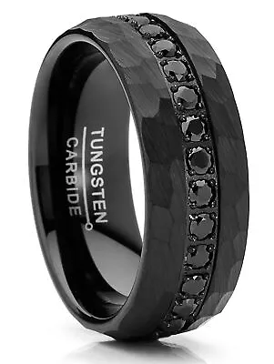 Men Tungsten Black Wedding Band Hammered Eternity Ring CZ Comfort-Fit 8MM • $47.99