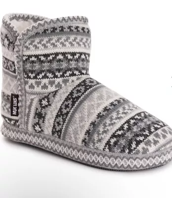 MUK LUKS  Sherpa Lined SLIPPER Boots Treaded Sole Gray Fair Isle  XL 11-12 NWT • $17.98