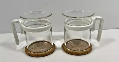 Clear Glass Tea Cups With White Handles With Cork Coasters Set Of 2 • $12