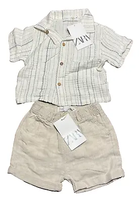 NWT ZARA Baby Boy  9-12 Months Cotton Blend Button Shirt & Roll Up Linen Shorts • $25.41