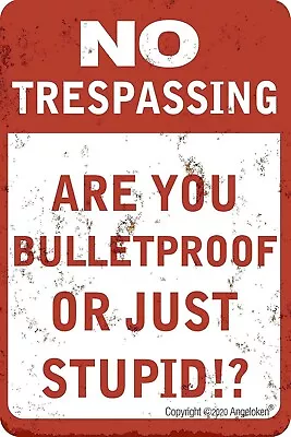 Metal Tin Sign Retro Vintage No Trespassing Are You Bulletproof Or Just Stupid!? • $16.61