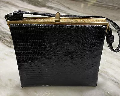 Vintage Black Lizard Crocodile Faux Skin New York Handbag Purse Baguette 1950's • $24.55