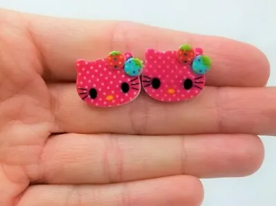 $1.95 • Buy HELLO KITTY Vintage Dark Pink Earrings Polka Dot Strawberry Cat Pierced Jewelry