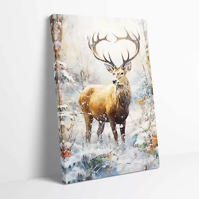 Deer Stag In Snow Portrait Stretched Canvas Or Unframed Poster Print More Sizes • £12.99