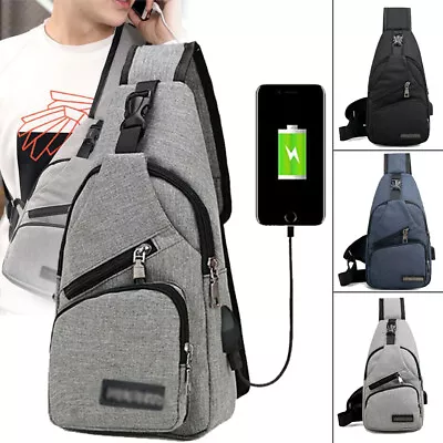 Men's Crossbody Chest Sling Bag Waterproof Anti-theft Backpack USB Charge Port • £5.59