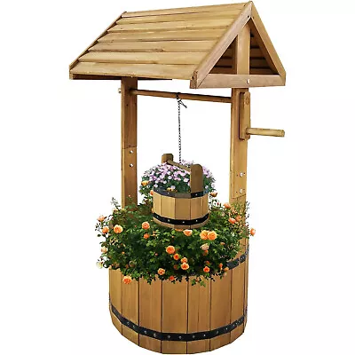 Large Wooden Wishing Well Planter Large Solid Pine Garden Plant Flower Pot Decor • £43.99