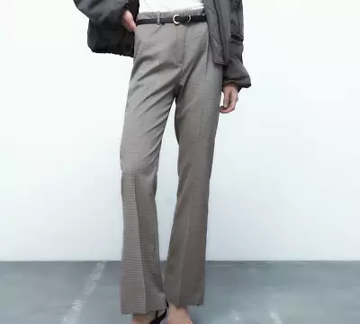 Zara Black Cream Houndstooth Trousers Pants High Rise Straight Leg Womens Large • $20