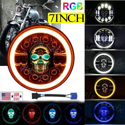 7  Skull LED Headlight Angel Eyes For Harley-Davidson Honda Yamaha Motorcycle US • $35.99