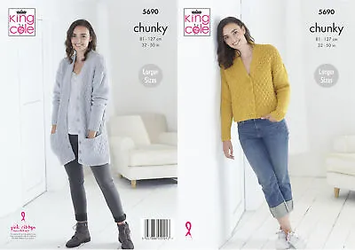 King Cole Ladies Chunky Knitting Pattern Short Or Long Length Cardigan 5690 • £4.99