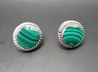 Vtg .925 Sterling Malachite Post Earrings 16mm Round 261 • $9.85