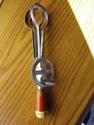 Vintage A&J Bright Red Wooden Handle Egg Beater Hand Mixer Patent 1923 • $12.99