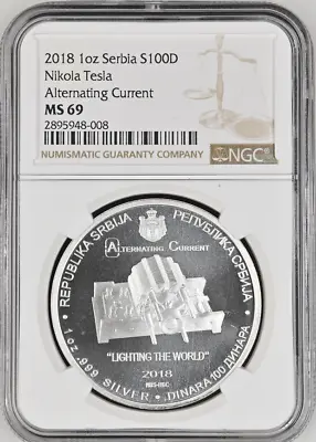 :2018 100 Dinar/1oz Silver Serbia Ngc Ms69(pl) Tesla Alternating Current Rare R3 • $209.95