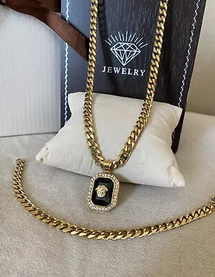 24” Cuban Links Chain & 8.5” Bracelet Set Medusa Onyx Pendant 18k Gold Filled • $80.21