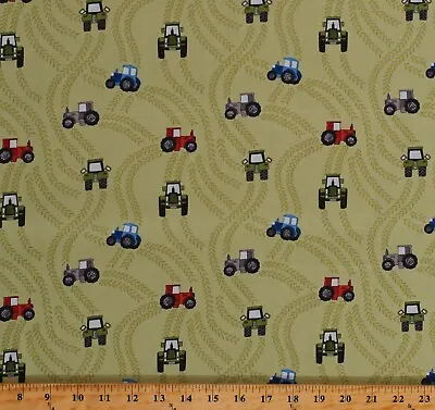 Cotton Tractors Farm Transportation Tracks Green Fabric Print By Yard D370.61 • $12.95