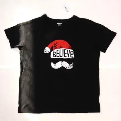 Old Navy Womens Easy Tee Believe Santa Mustache T-Shirt Black Short Sleeve L • $9.99