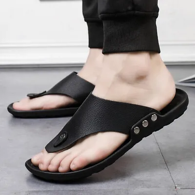 Mens Faux Leather Summer Sandal Walking Toe Post Flip Flops Sandals Casual Shoes • £16.79