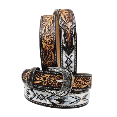 Challenger Men's Western Floral Tooled White Beaded Leather Belt 26RT43B • $64.95