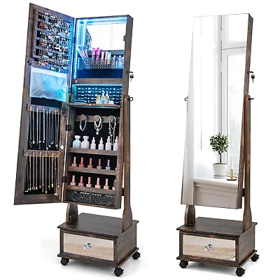 Standing Jewelry Armoire Lockable Jewelry Cabinet Vanity Mirror With LED Light • £94.95