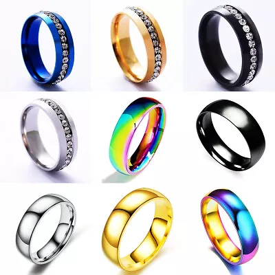 6mm Stainless Steel Band Crystal Ring Party Couple Jewelry Gifts For Men Women • $0.72