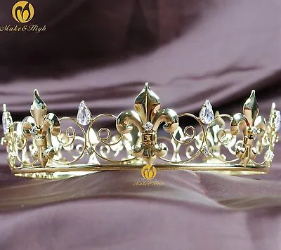 Imperial Medieval Wedding Tiara Gold Full Crown Rhinestone Bridal Party Costumes • £22.31