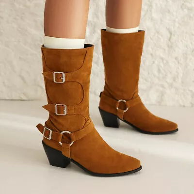 New Chunky Mid Heels Womens Fashion Buckle Pull On Western Boots Plus Size Shoes • $62.99