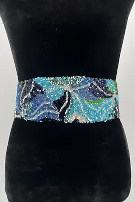 Vintage La Mendola August Mod Art Hand Beaded Blue Pure Silk Chiffon Belt • $149.99