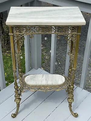 FINE Ornate Antique Victorian Cast Brass Marble Top Accent Table Fern Stand • $1831.75