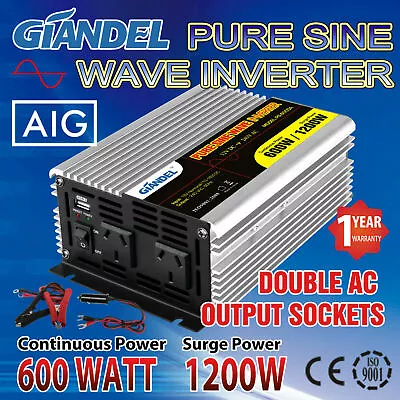 Giandel Power Inverter 12V-240V 600W/1200W Pure Sine Wave USB Caravan Camping  • $82.96