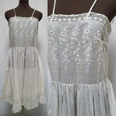 ANITQUE VICTORIAN EDWARDIAN Ivory Cotton Embroidery Cut Work Chemise Slip - XS • $103.50
