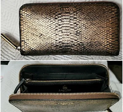 LANVIN ZipAround CLUTCH WALLET Padam Serpent GOLD Washed Exotic BLACK Leather • $120