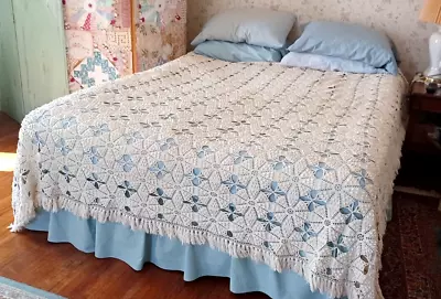 Vintage Hand Crocheted Fringed Coverlet Bedspread Star Popcorn Stitch 90 X80  • $49.99