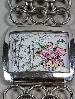 Ed Hardy Flower Dial Silver Tone Case Chain Link Style Band Watch 7 Inch • $45.49