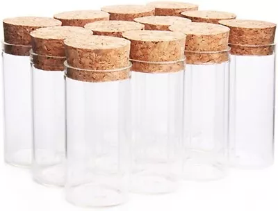 12 Clear Mini Glass Bottles Jars With Wood Cork Stoppers 25ML 30X60MM Storage • £10.44