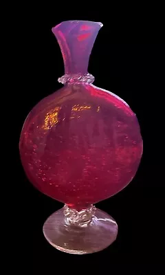 Vintage Hand Blown Cranberry Glass Bud  Vase Crackled & Applied Glass Retro Core • $24