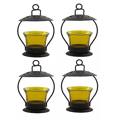 Yellow Glass Cup Tealight Candle Holder Hanging & Table Top Iron Votive Pack 4 • $48.65