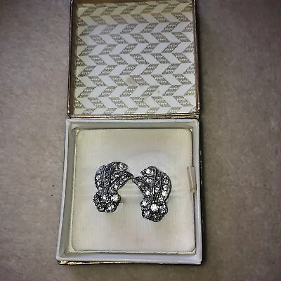 VINTAGE 70s Earrings Clip On Silver Tone Marcasite Art Deco Swirl Bling Sparkly. • £4