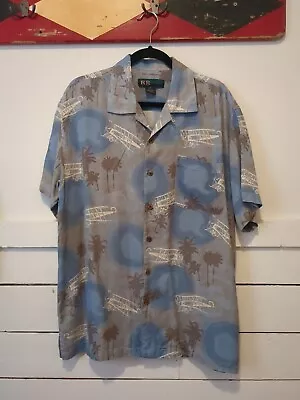 R&R Silk Shirt Mens Extra Large Blue Gray Palms Vintage Travel Short Sleeve Camp • $18.70