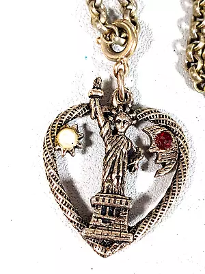 Vintage Gold Tone Statue Of Liberty Crescent Moon Sun Heart Pendant Necklace 16  • $14.34