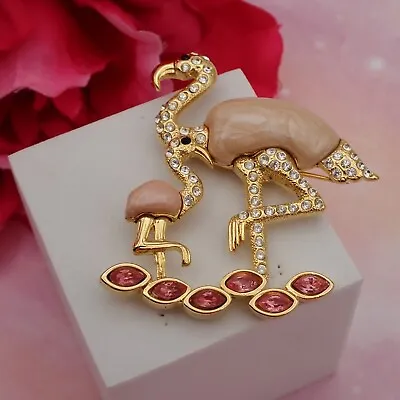 Vtg Berebi Flamingo Mama Baby Pink Rhinestone Enamel LE Gold Tone Pin Brooch • $49.95