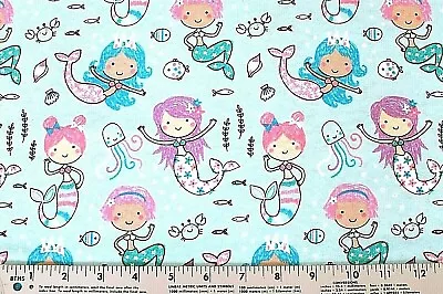 Bty*mermaids/crowns*bright Hair/tails/100% Cotton Flannel Face Mask Fabric 42x36 • $16.99