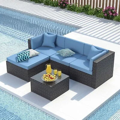 5PCS Rattan Patio Furniture Set PE Wicker Sectional Sofa W/Cushion Outdoor Blue • $300.79