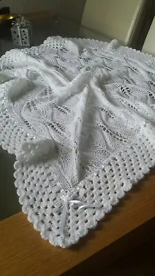 Hand Knitted Baby Christening Shawl Baby Shower With Satin Ribbon Sparky Yarn • £59.50