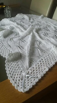 £52 • Buy Hand Knitted Baby Christening Shawl Blanket Baby Shower With Satin Ribbon 